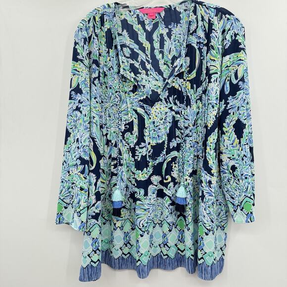 Lilly Pulitzer Marilina Tunic Top Sz L Blue High Tide Navy Beachy Resort Preppy - Picture 1 of 10